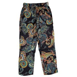 J Crew Pull On Silk Pants Black Paisley Ankle Casual Trousers Sz 2